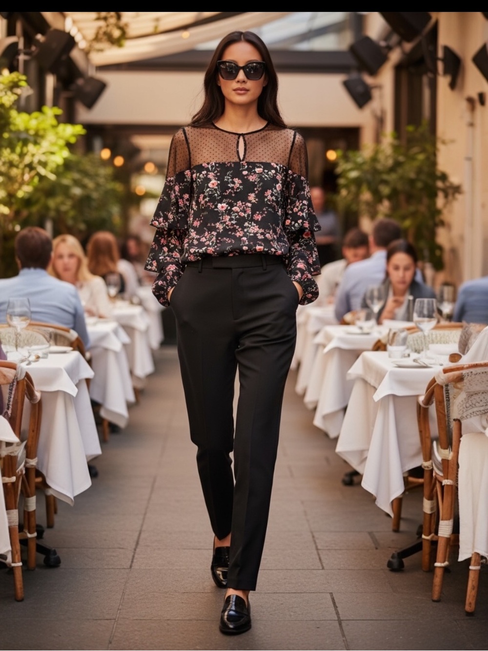 WHITE HOUSE BLACK MARKET BLACK FLORAL SHEER NECKLINE BLOUSE SIZE MEDIUM NWT